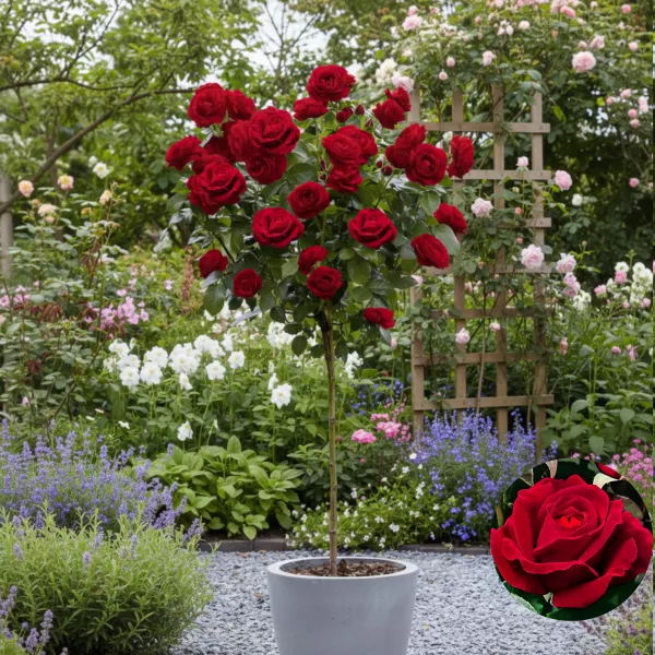 Róża na pniu Dame de Coeur w doniczce 5L